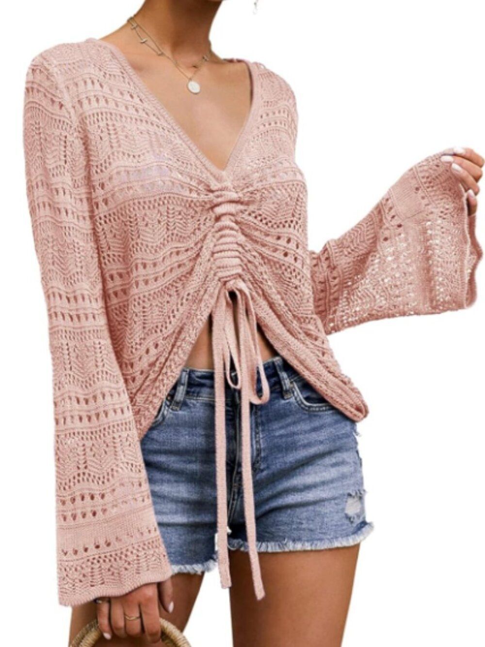 Y2K Coquette Pink Pointelle Crochet Sweater Cardigan Flared Bell Sleeve Boho Lg